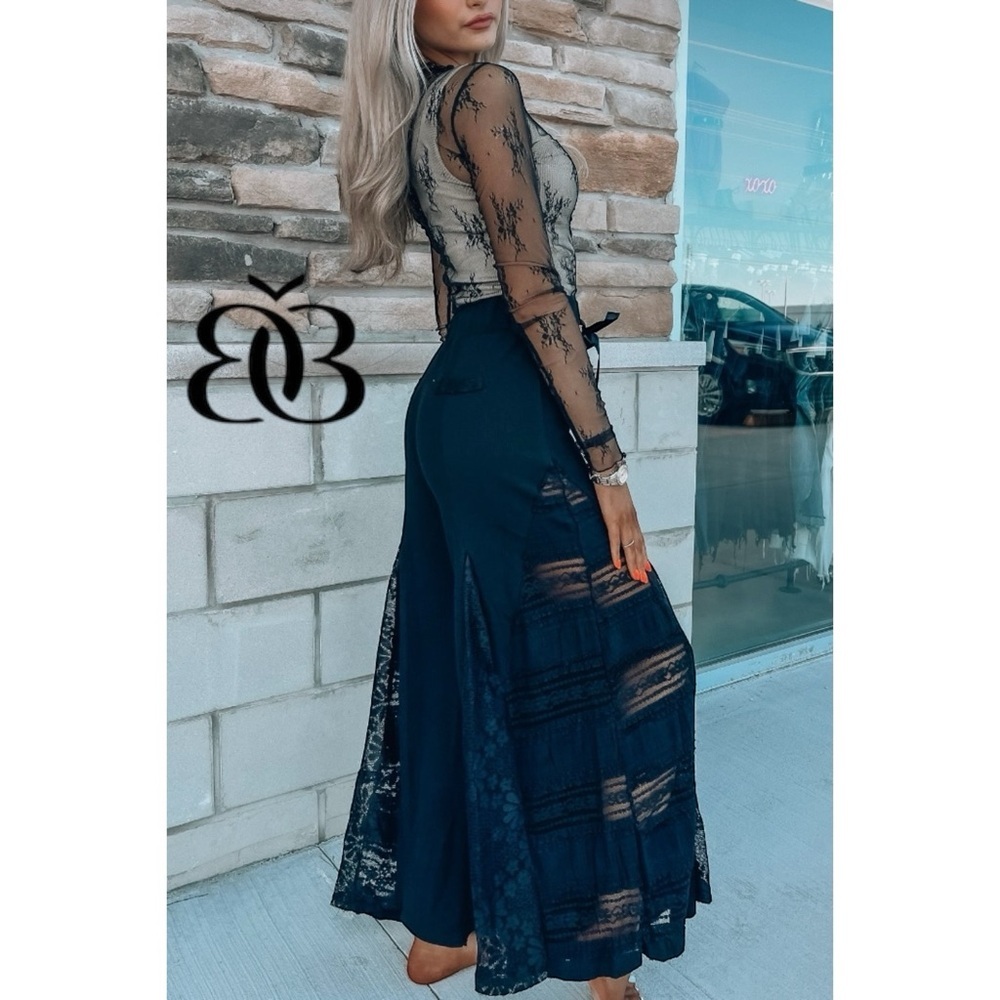 POL Black Rib Knit Lace Panel Flare Pants | Patchwork Wide Leg Pull On - Picture 2 of 13